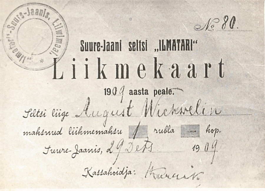 "Ilmatari" seltsi liikmekaart 1909.a